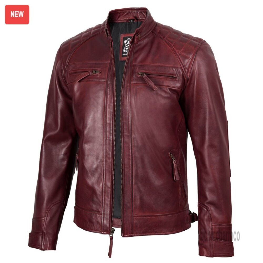 Men's Lambskin Leather Jacket Quilted Moto Style Zip Up Cafe Racer